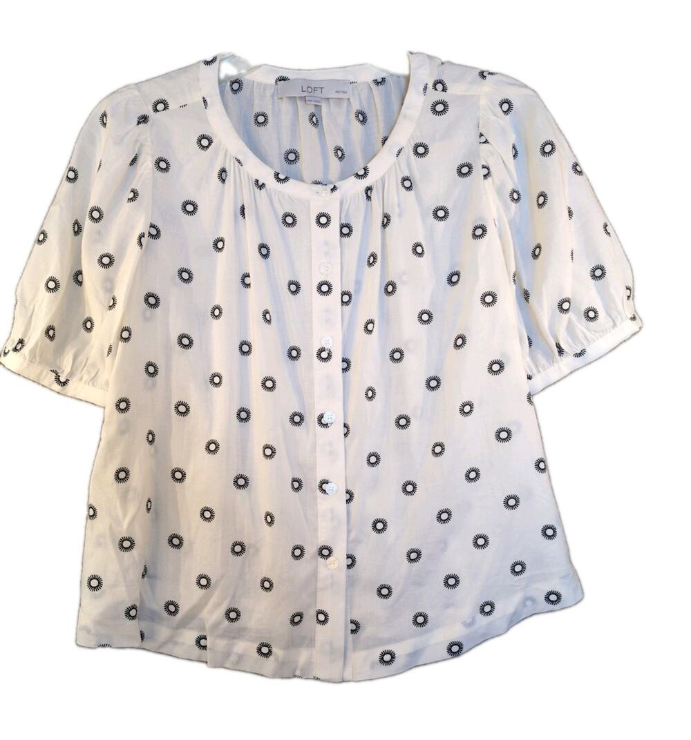 LOFT Petite XS White Embroidered Sun Pattern Cotton Blend Top